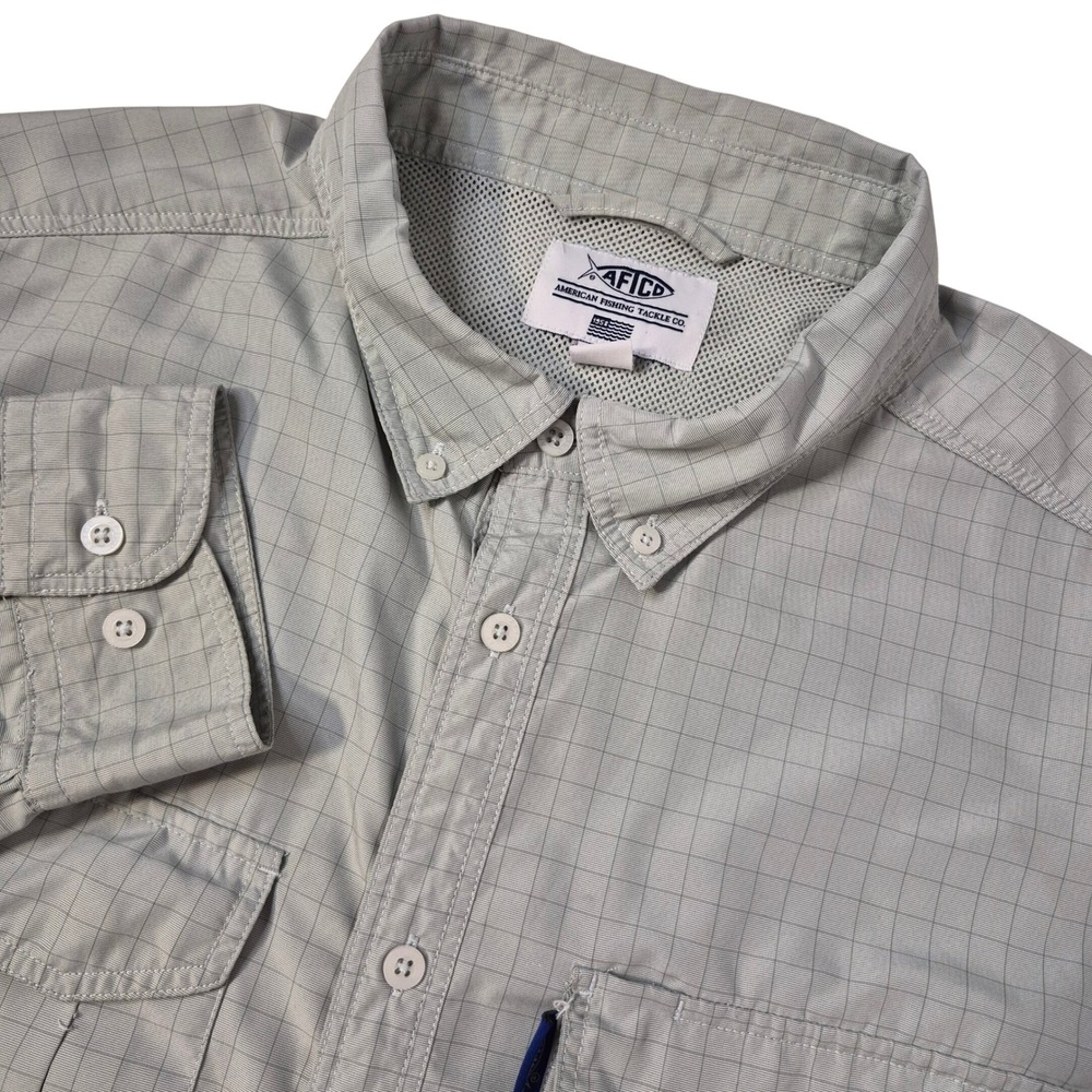 AFTCO Fishing Shirt Mens XL Gray Grid Plaid AFTECH Performance Roll Tab Sleeves